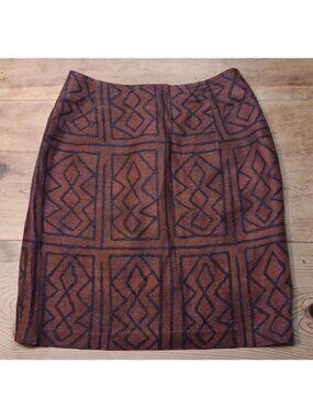Vtg Cambridge Dry Goods Skirt Womens 8 Linen Blend Brown Geometric Knee Length
